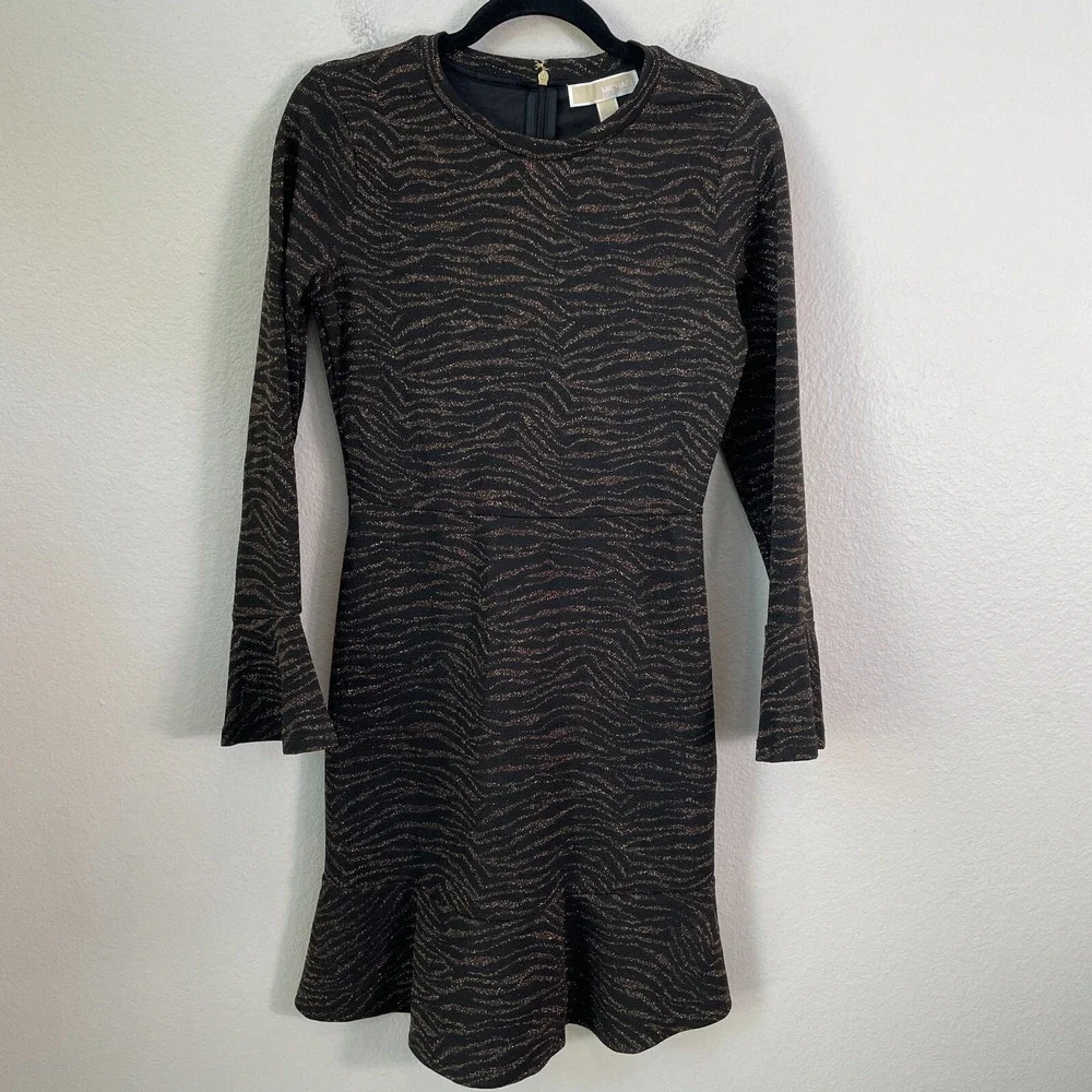 Michael Kors Womens Small Metallic Animal Print Flounce Hem Dress Long Sleeve‎